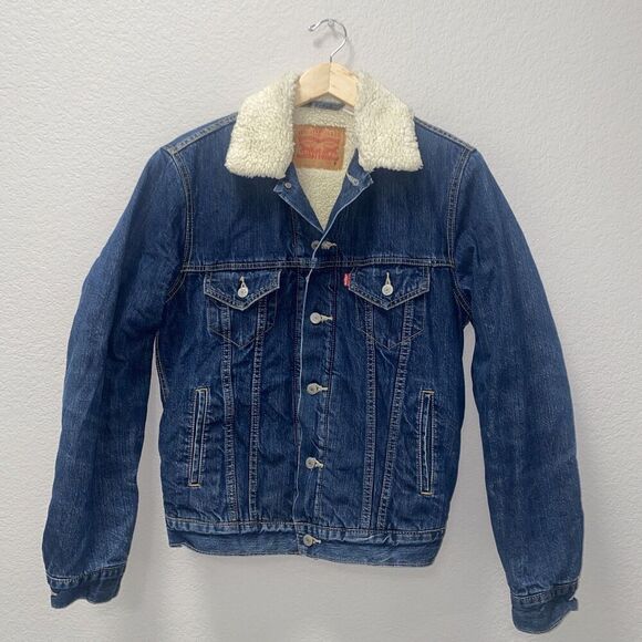 Levis Denim Sherpa Trucker Ex Boyfriend Jean Jacket Blue Wash Sz Small Women - Picture 1 of 5